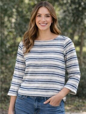 Sigrid Olsen linen blend cream/blue striped top, size XS